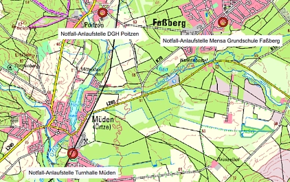Anlaufstellen im Katastrophenfall Ein Bild einer Landkarte mit markierten Anlaufstellen im Katastrophenfall im Ort Müden/Örtze, Faßberg und Poitzen. © Gemeinde Faßberg